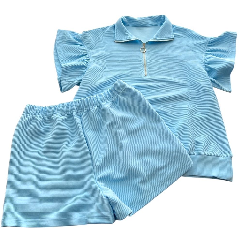New Matching Quarter Zip Top and Shorts Set in Light Blue